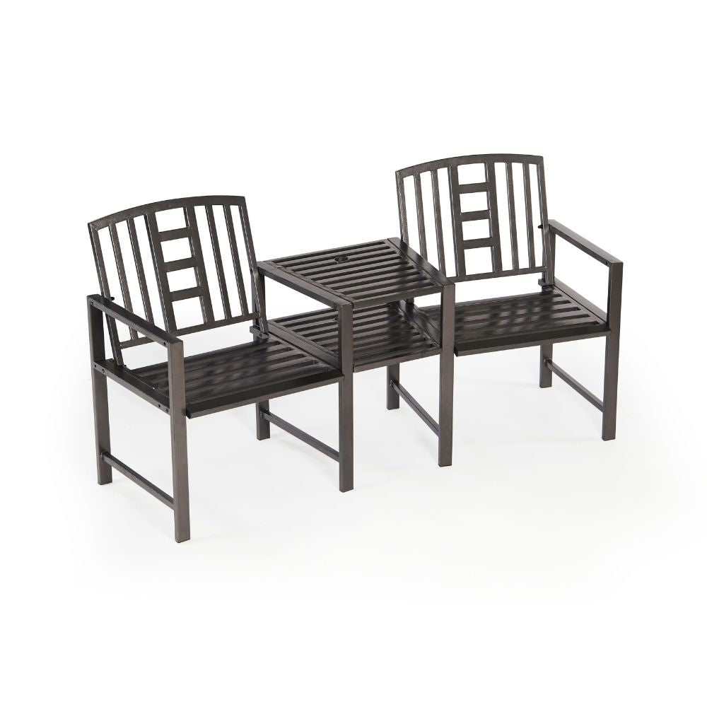 Hartlebury Rustic Bronze Duo Garden Bench with Central Table – Steel Companion Seat with Parasol Hole