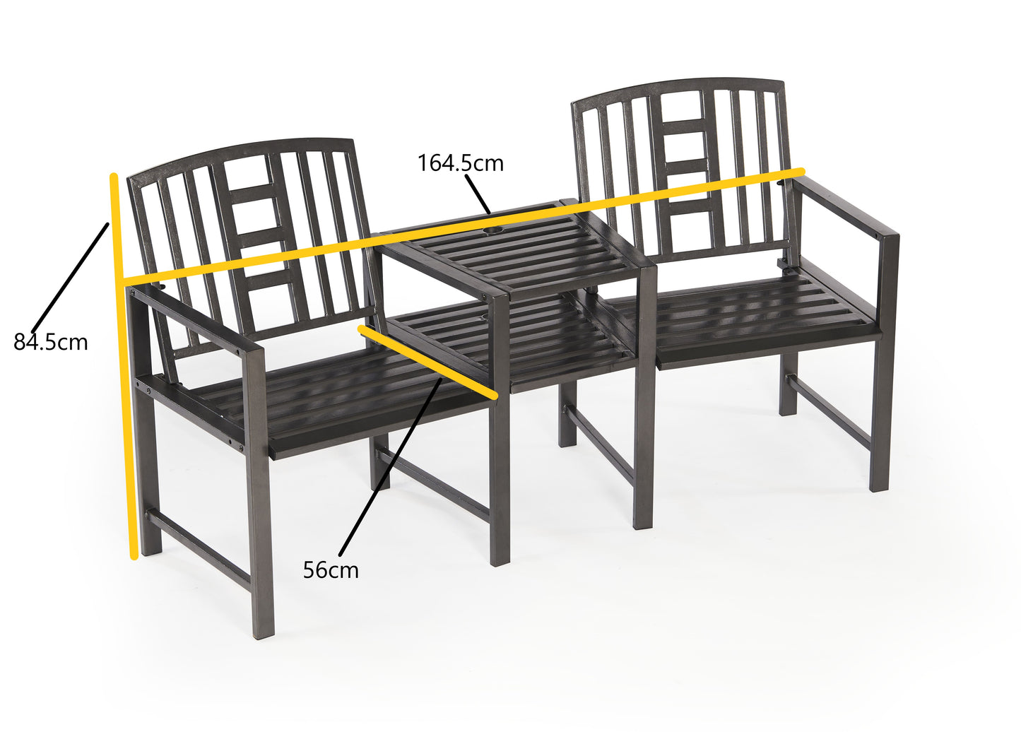 Hartlebury Rustic Bronze Duo Garden Bench with Central Table – Steel Companion Seat with Parasol Hole