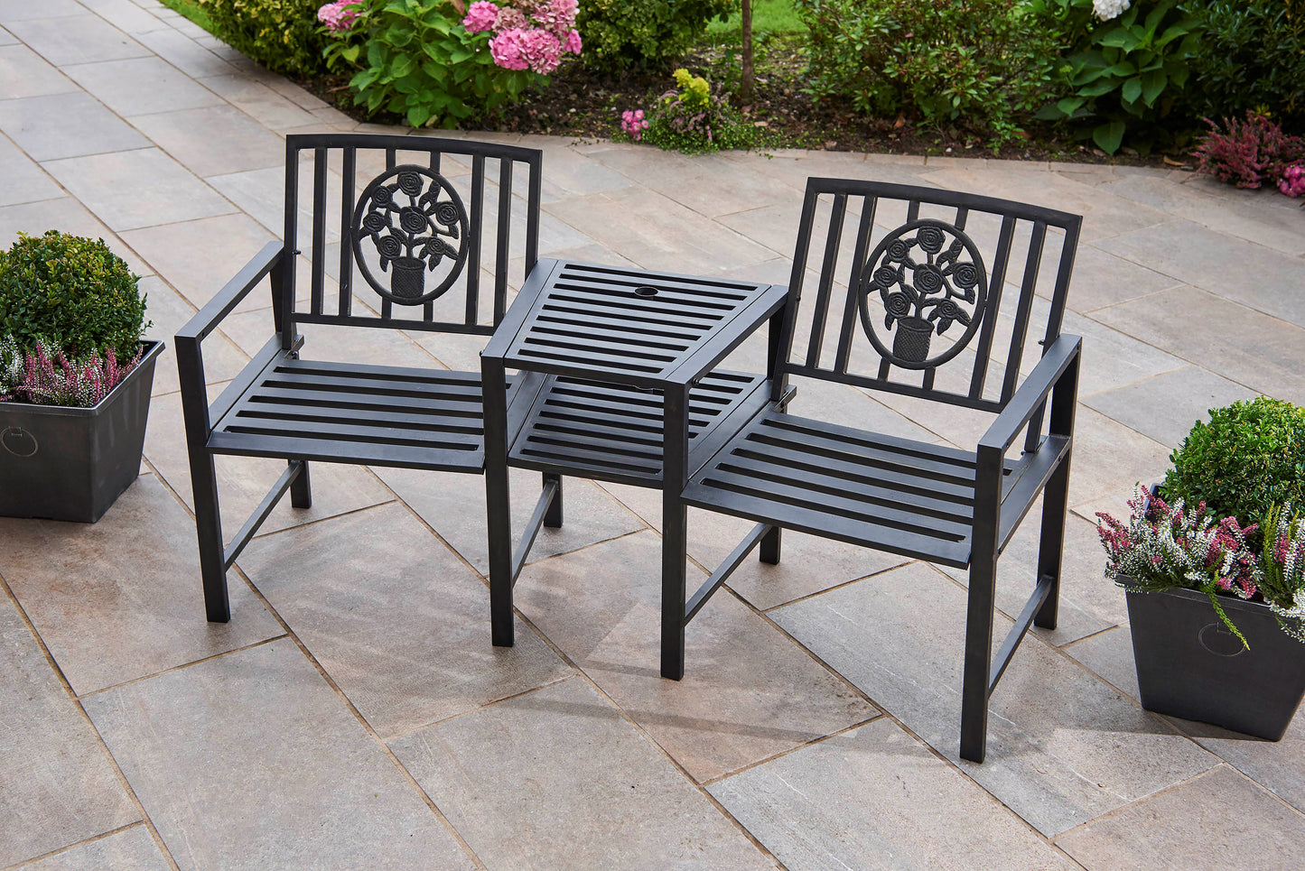 Coalbrookdale Duo Garden Bench with Central Table – Cast Iron & Steel Companion Seat in Antique Bronze