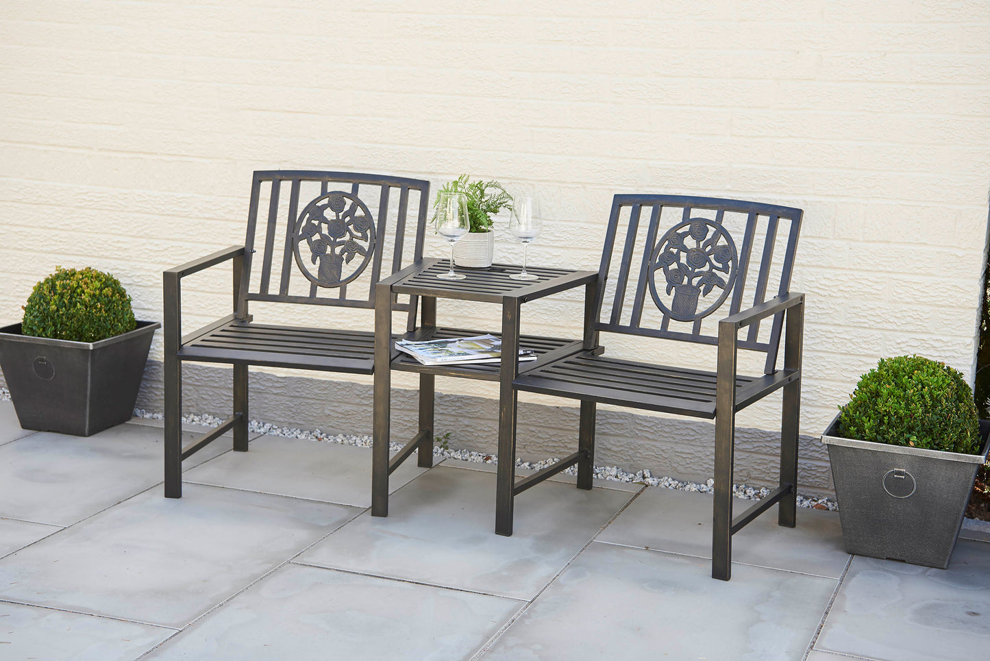 Coalbrookdale Duo Garden Bench with Central Table – Cast Iron & Steel Companion Seat in Antique Bronze