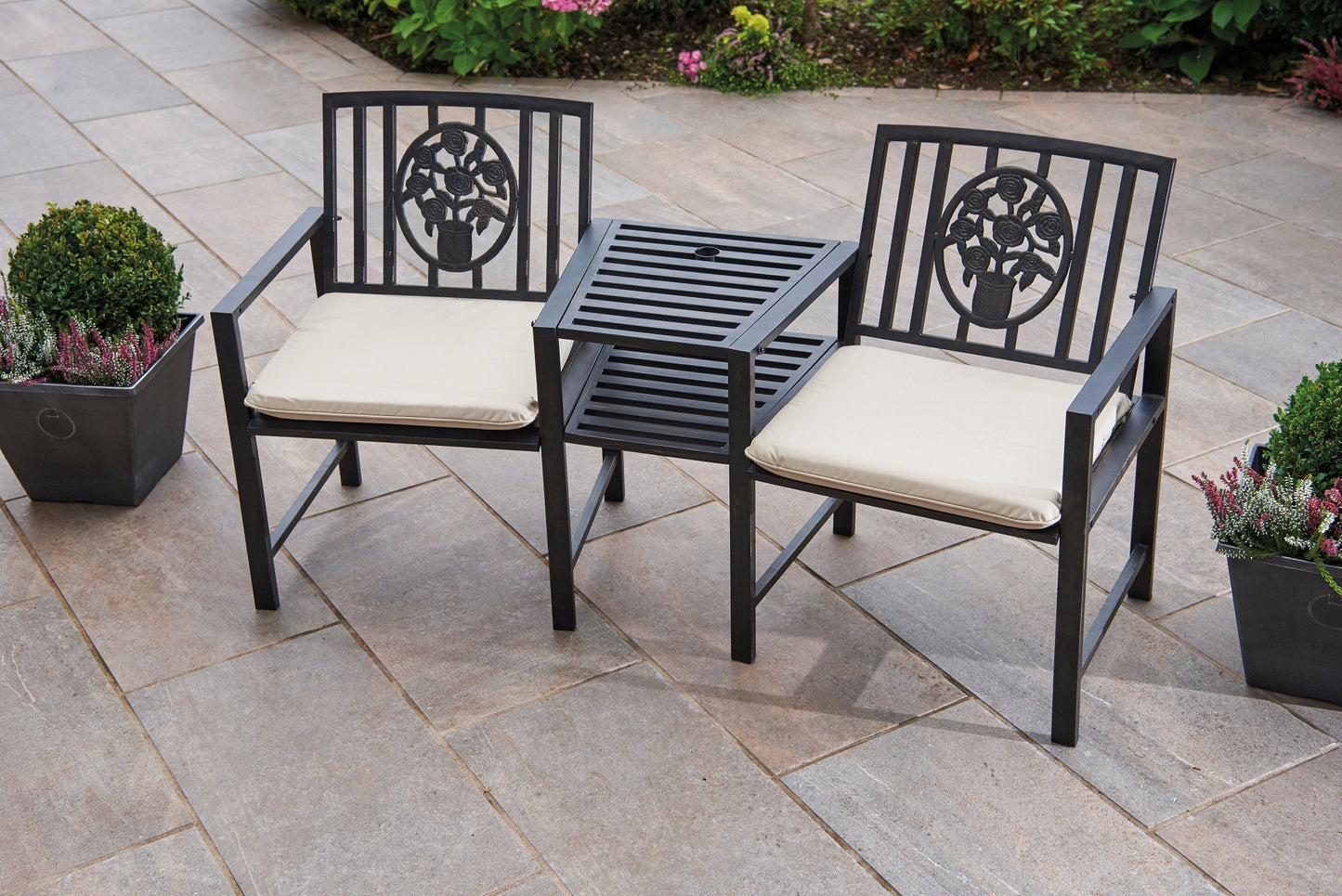 Coalbrookdale Duo Garden Bench with Central Table – Cast Iron & Steel Companion Seat in Antique Bronze