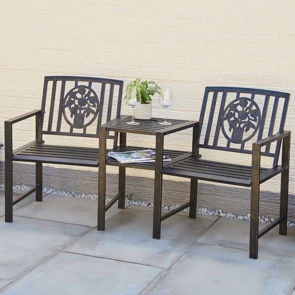 Coalbrookdale Duo Garden Bench with Central Table – Cast Iron & Steel Companion Seat in Antique Bronze