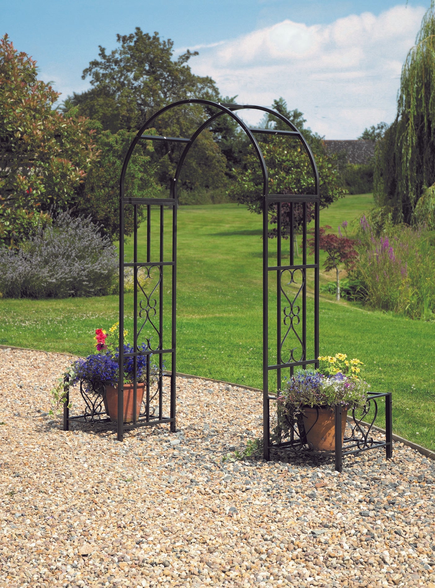 Huntingdon Ornamental Garden Arch with Planters – Decorative Steel Frame in Gunmetal Grey