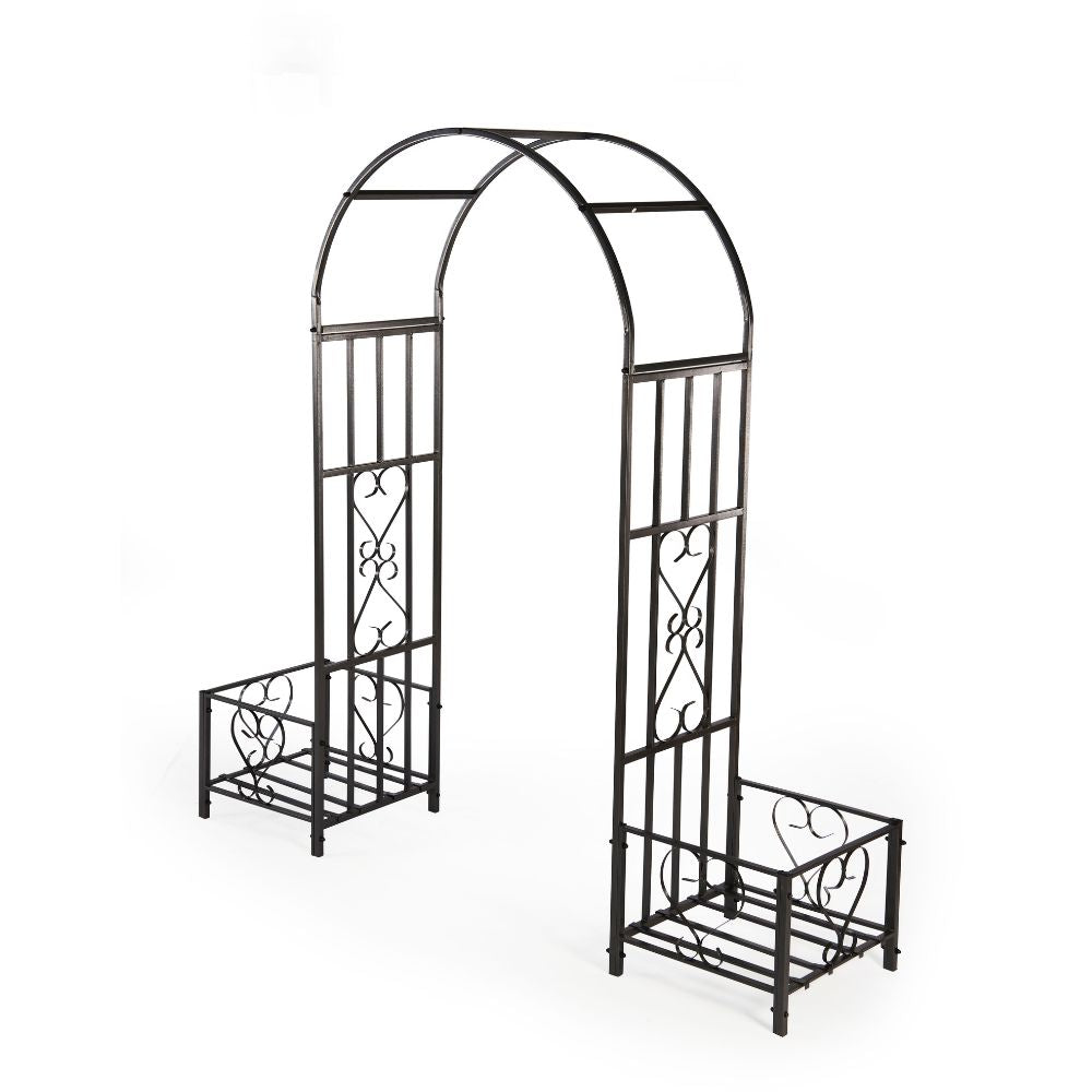 Huntingdon Ornamental Garden Arch with Planters – Decorative Steel Frame in Gunmetal Grey