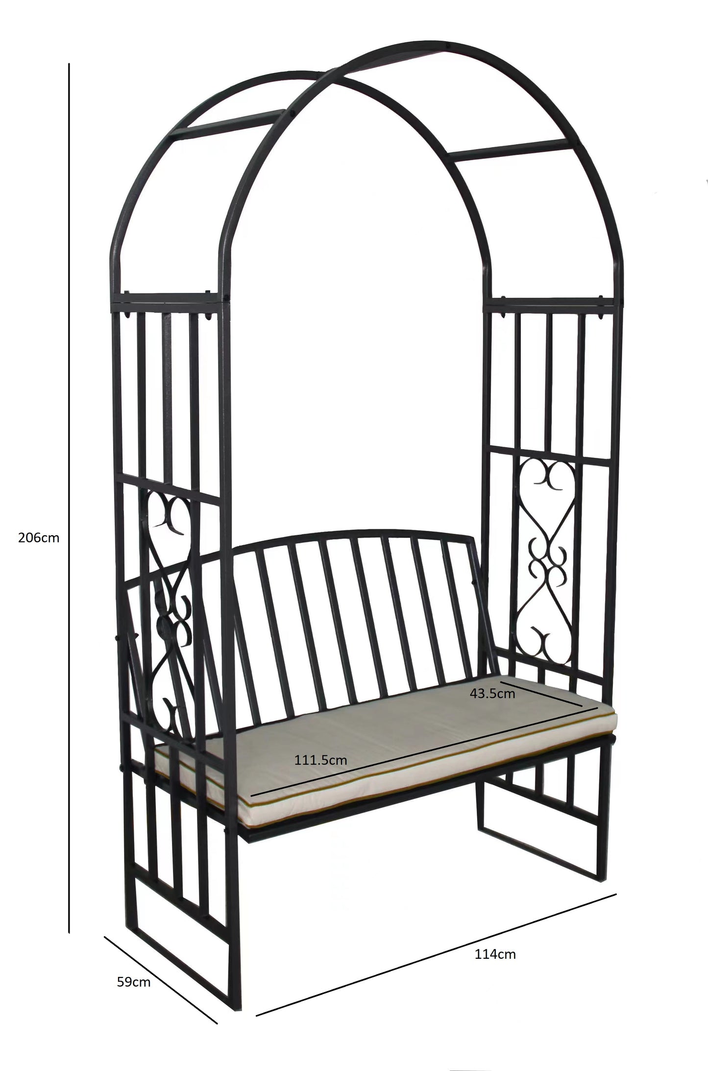 Huntingdon Garden Arch with Bench and Cushion – Steel Frame Seating in Gun Metal Grey