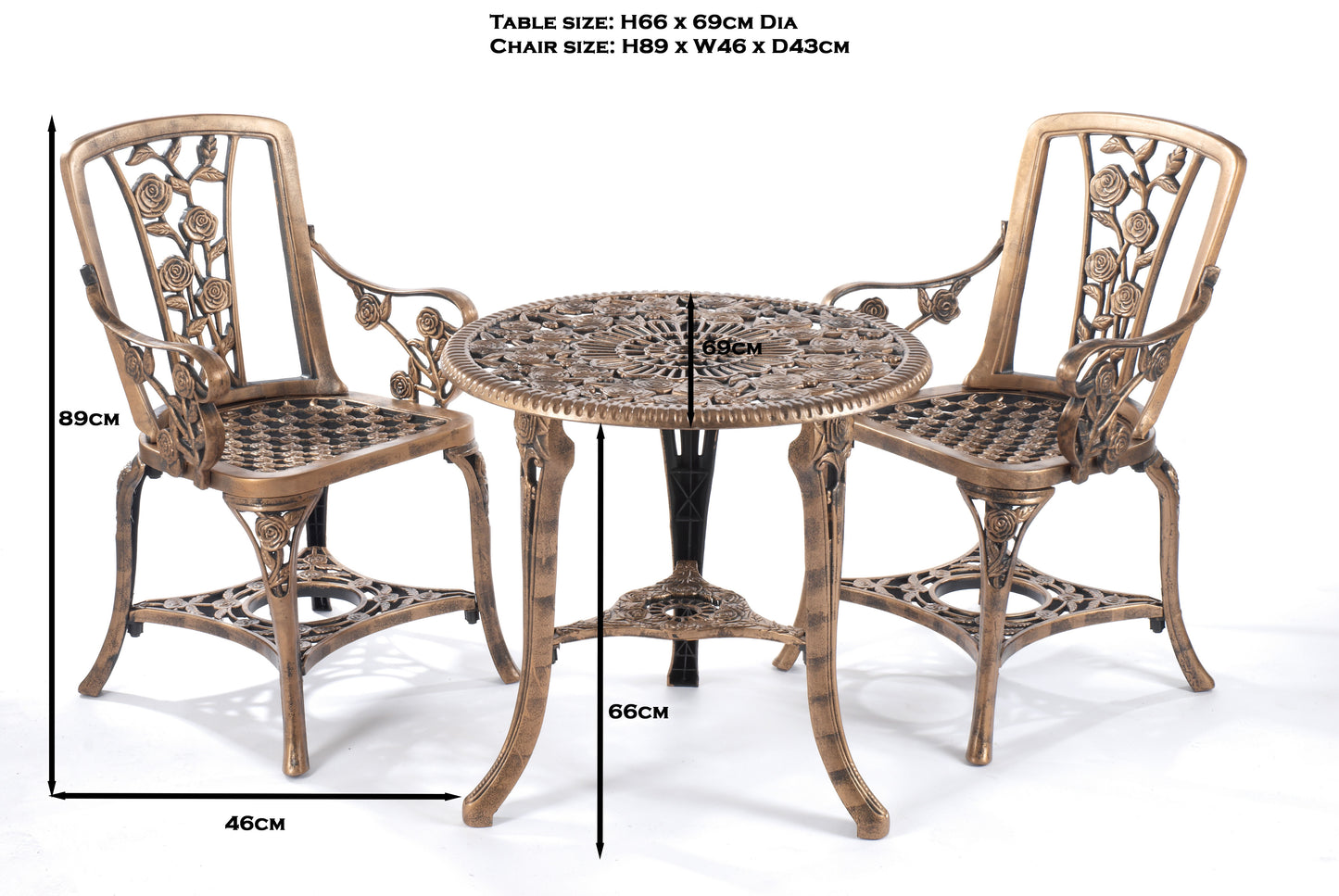 3-Piece Rose Bistro Patio Set with Armchairs – Lightweight UV-Stabilised Outdoor Furniture in Antique Bronze or Gunmetal Grey