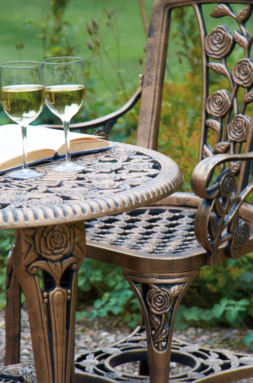 3-Piece Rose Bistro Patio Set with Armchairs – Lightweight UV-Stabilised Outdoor Furniture in Antique Bronze or Gunmetal Grey