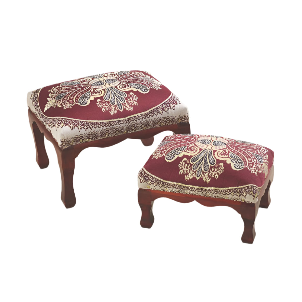 Elegant Nesting Footstools – Set of 2 Upholstered Ottoman Stools with Mahogany Legs