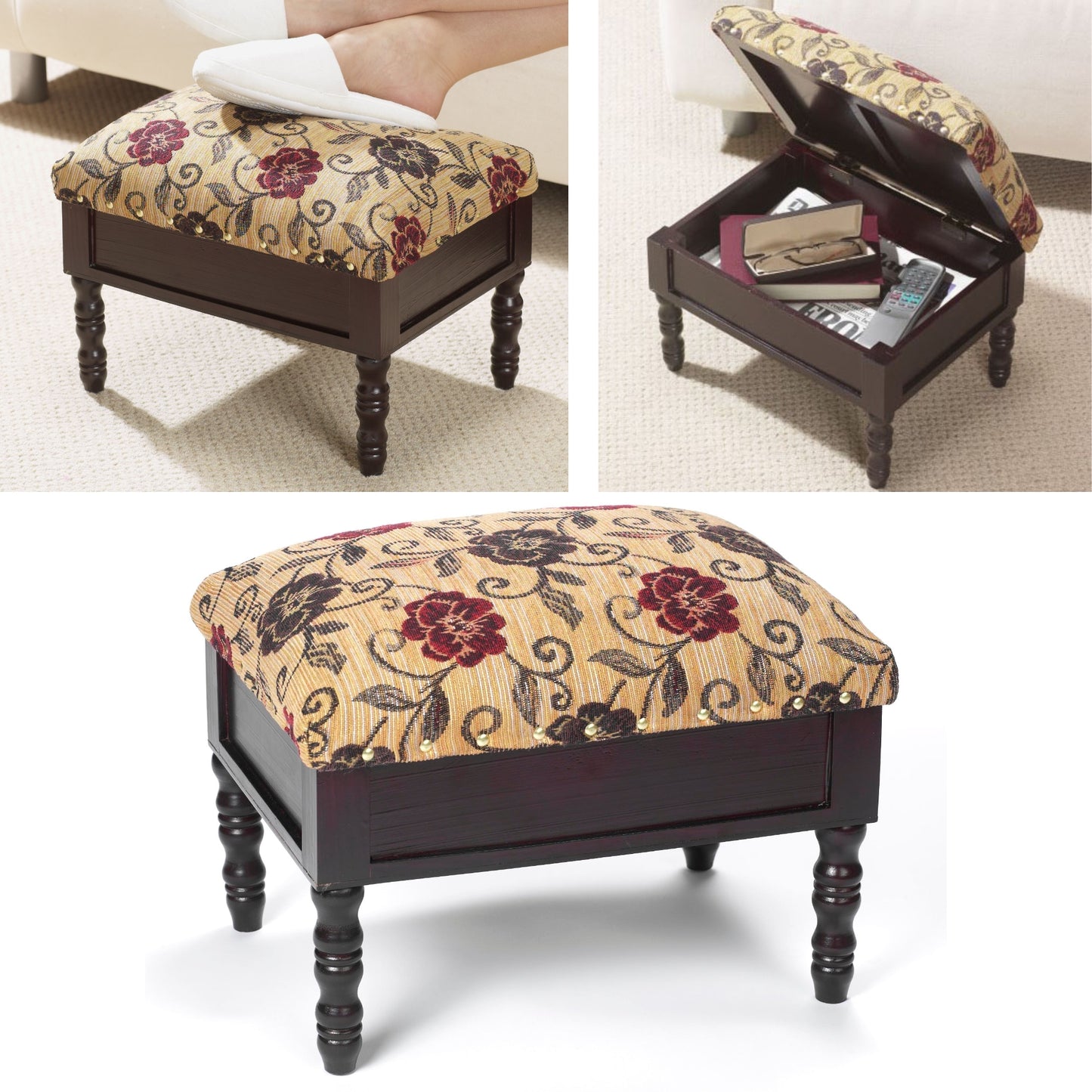 Floral Upholstered Storage Footstool – Compact Wooden Ottoman with Hidden Compartment