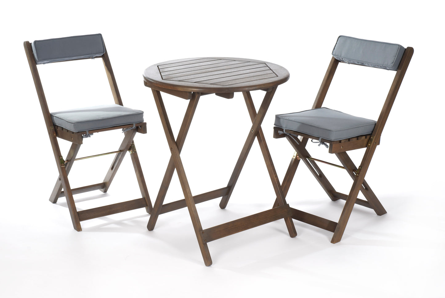 Raffles Foldable Acacia Hardwood Bistro Set with Cushions – 2 Chairs & Round Table in Chestnut, White, or Natural Finish