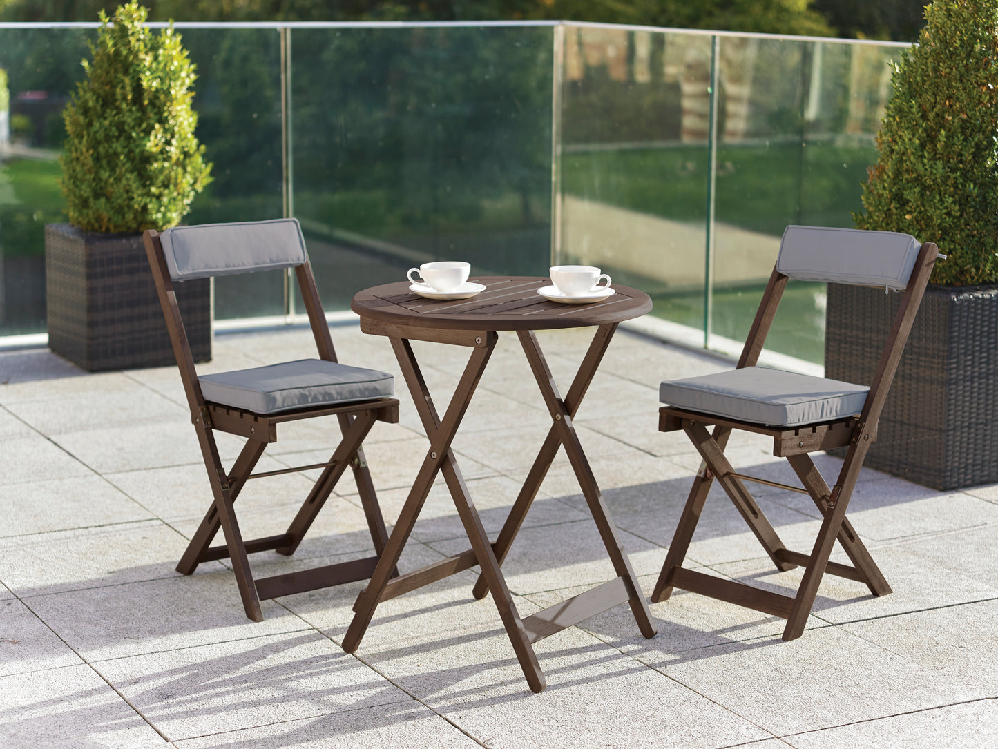 Raffles Foldable Acacia Hardwood Bistro Set with Cushions – 2 Chairs & Round Table in Chestnut, White, or Natural Finish