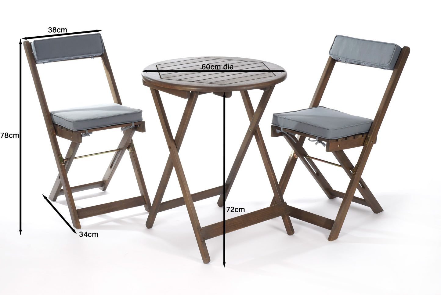 Raffles Foldable Acacia Hardwood Bistro Set with Cushions – 2 Chairs & Round Table in Chestnut, White, or Natural Finish