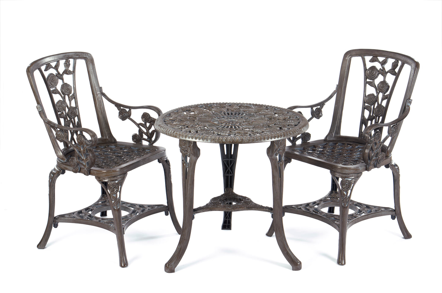 3-Piece Rose Bistro Patio Set with Armchairs – Lightweight UV-Stabilised Outdoor Furniture in Antique Bronze or Gunmetal Grey