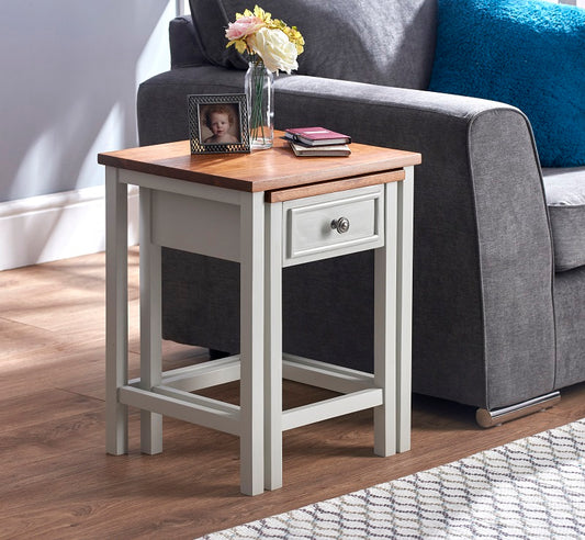 Set of 2 White and Oak-Effect Nesting Tables with Drawer – Space-Saving Design