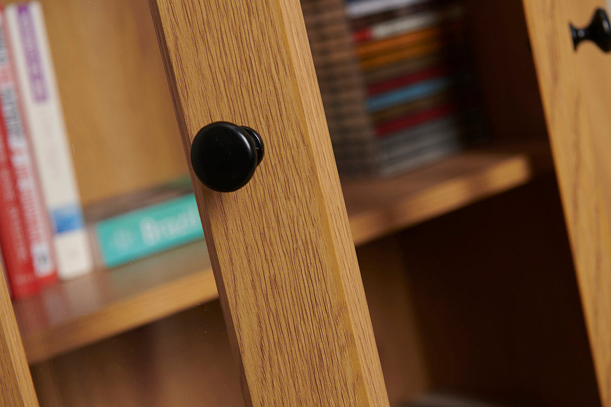 Wood Effect Display Cabinet with Drawer – Adjustable Shelves & Perspex Doors in Oak or Mahogany