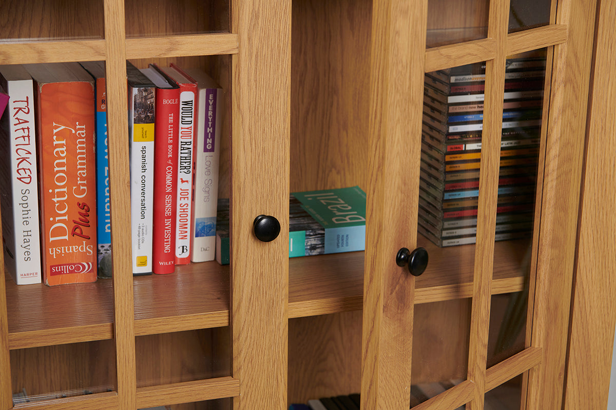 Wood Effect Display Cabinet with Drawer – Adjustable Shelves & Perspex Doors in Oak or Mahogany