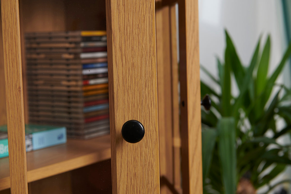 Wood Effect Display Cabinet with Drawer – Adjustable Shelves & Perspex Doors in Oak or Mahogany