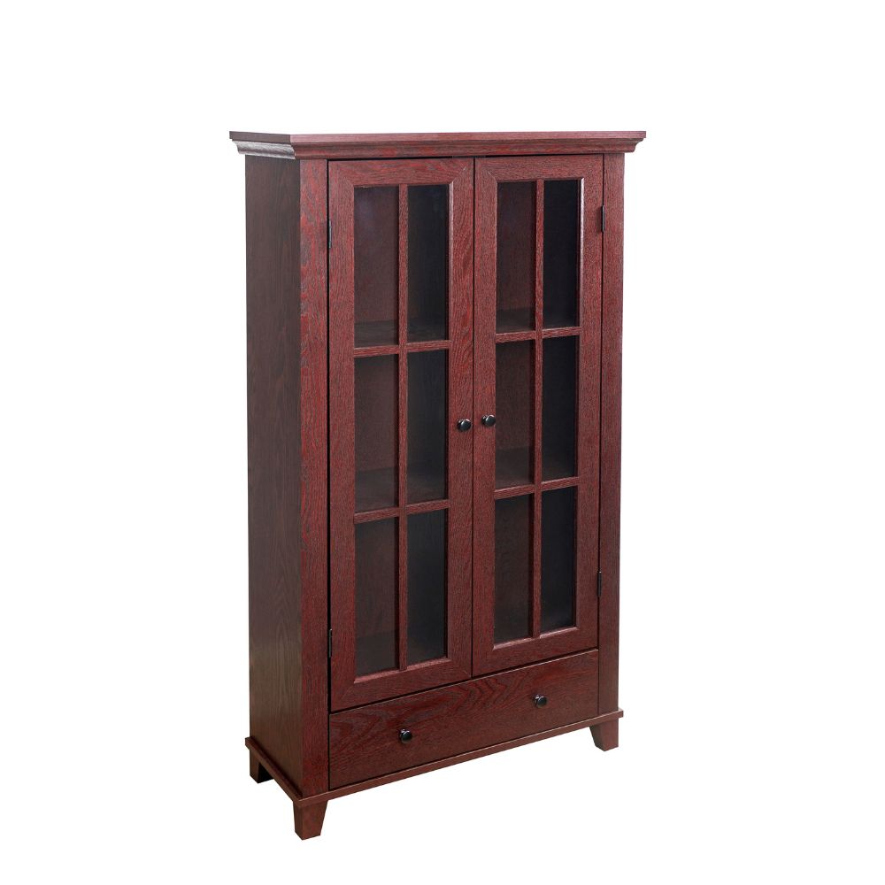 Wood Effect Display Cabinet with Drawer – Adjustable Shelves & Perspex Doors in Oak or Mahogany