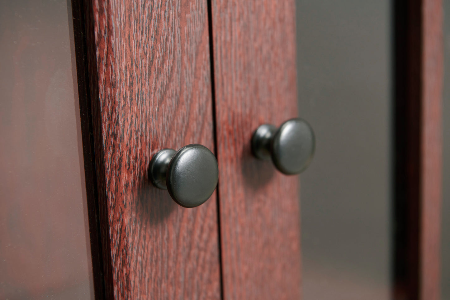 Wood Effect Display Cabinet with Drawer – Adjustable Shelves & Perspex Doors in Oak or Mahogany
