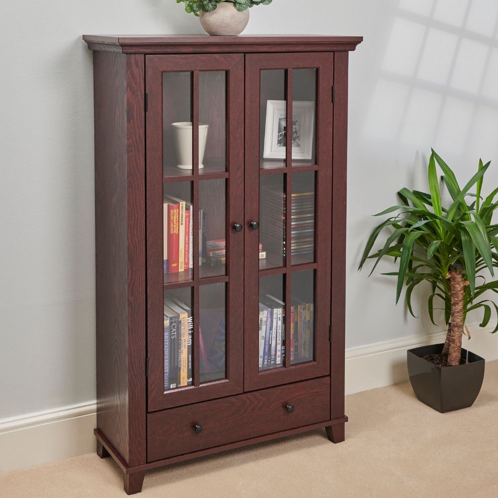 Wood Effect Display Cabinet with Drawer – Adjustable Shelves & Perspex Doors in Oak or Mahogany