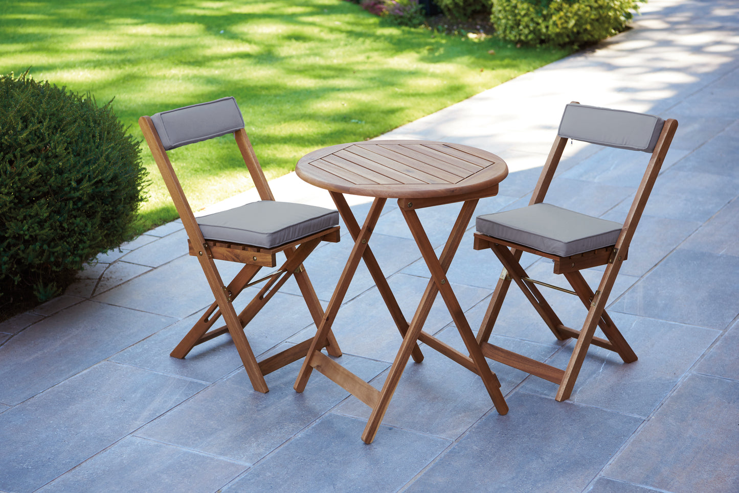 Raffles Foldable Acacia Hardwood Bistro Set with Cushions – 2 Chairs & Round Table in Chestnut, White, or Natural Finish