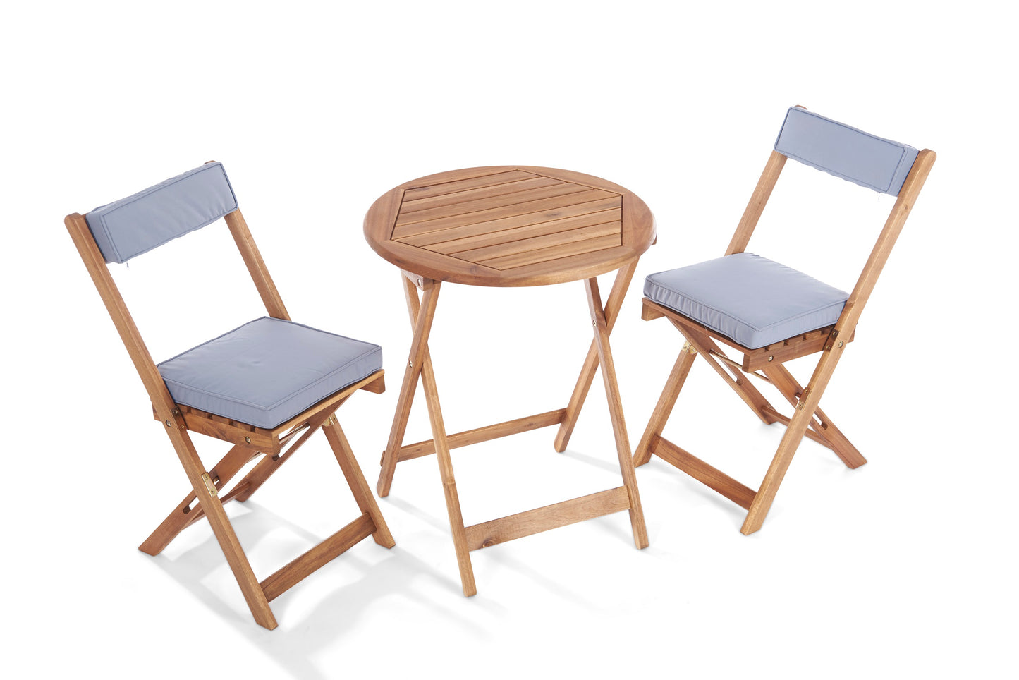 Raffles Foldable Acacia Hardwood Bistro Set with Cushions – 2 Chairs & Round Table in Chestnut, White, or Natural Finish