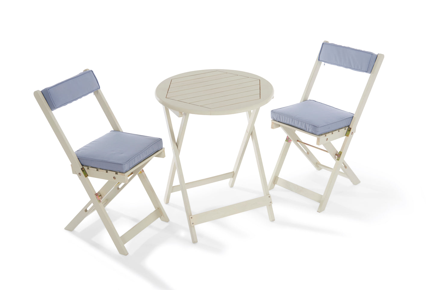 Raffles Foldable Acacia Hardwood Bistro Set with Cushions – 2 Chairs & Round Table in Chestnut, White, or Natural Finish