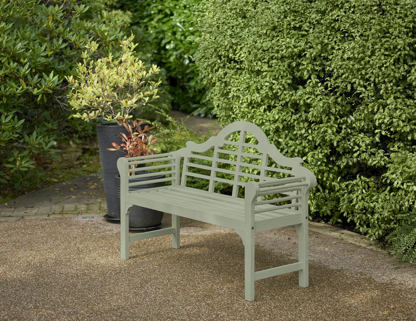 PU Coated Lutyens Style Garden Bench – FSC Acacia Hardwood in Light Grey or Sage Green Finish