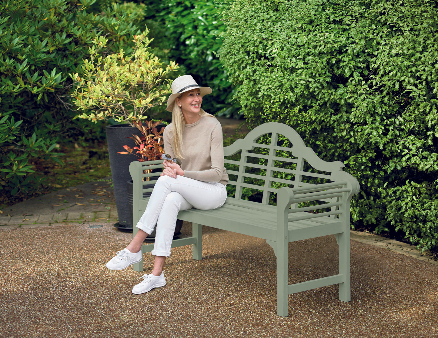 PU Coated Lutyens Style Garden Bench – FSC Acacia Hardwood in Light Grey or Sage Green Finish