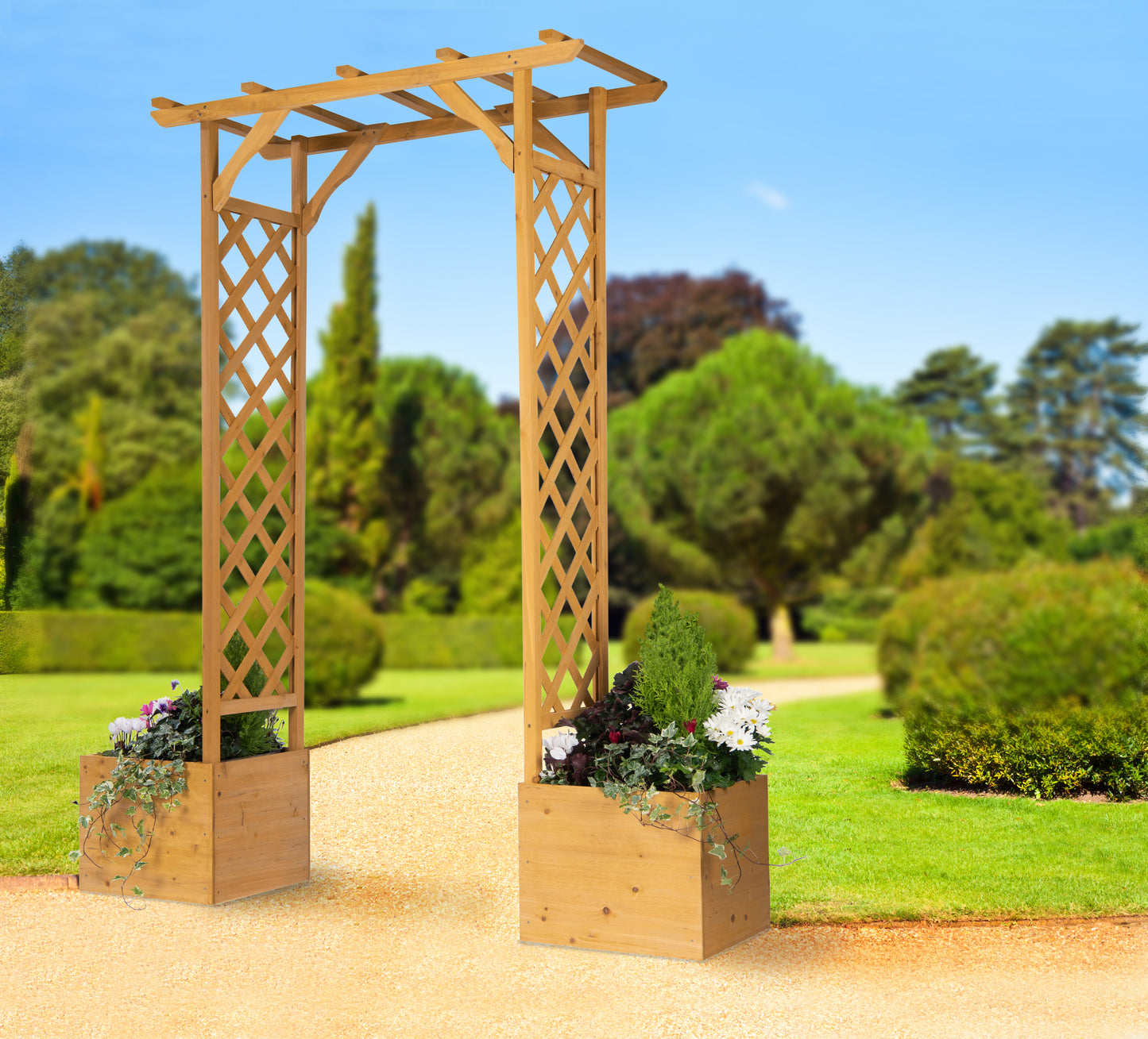 Square Top Wooden Garden Arch with Integrated Planters – Firwood Trellis Frame for Climbing Plants