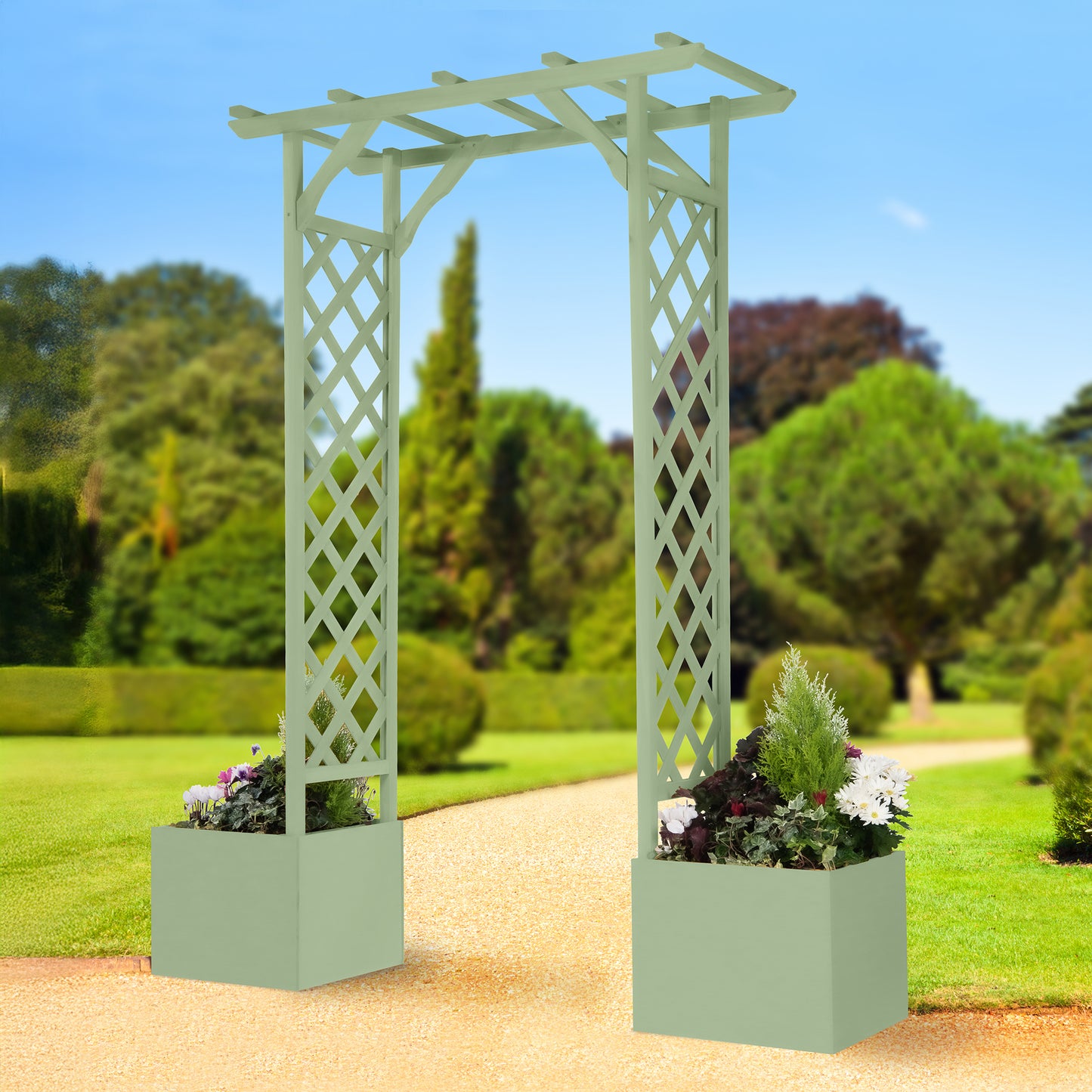 Square Top Wooden Garden Arch with Integrated Planters – Firwood Trellis Frame for Climbing Plants