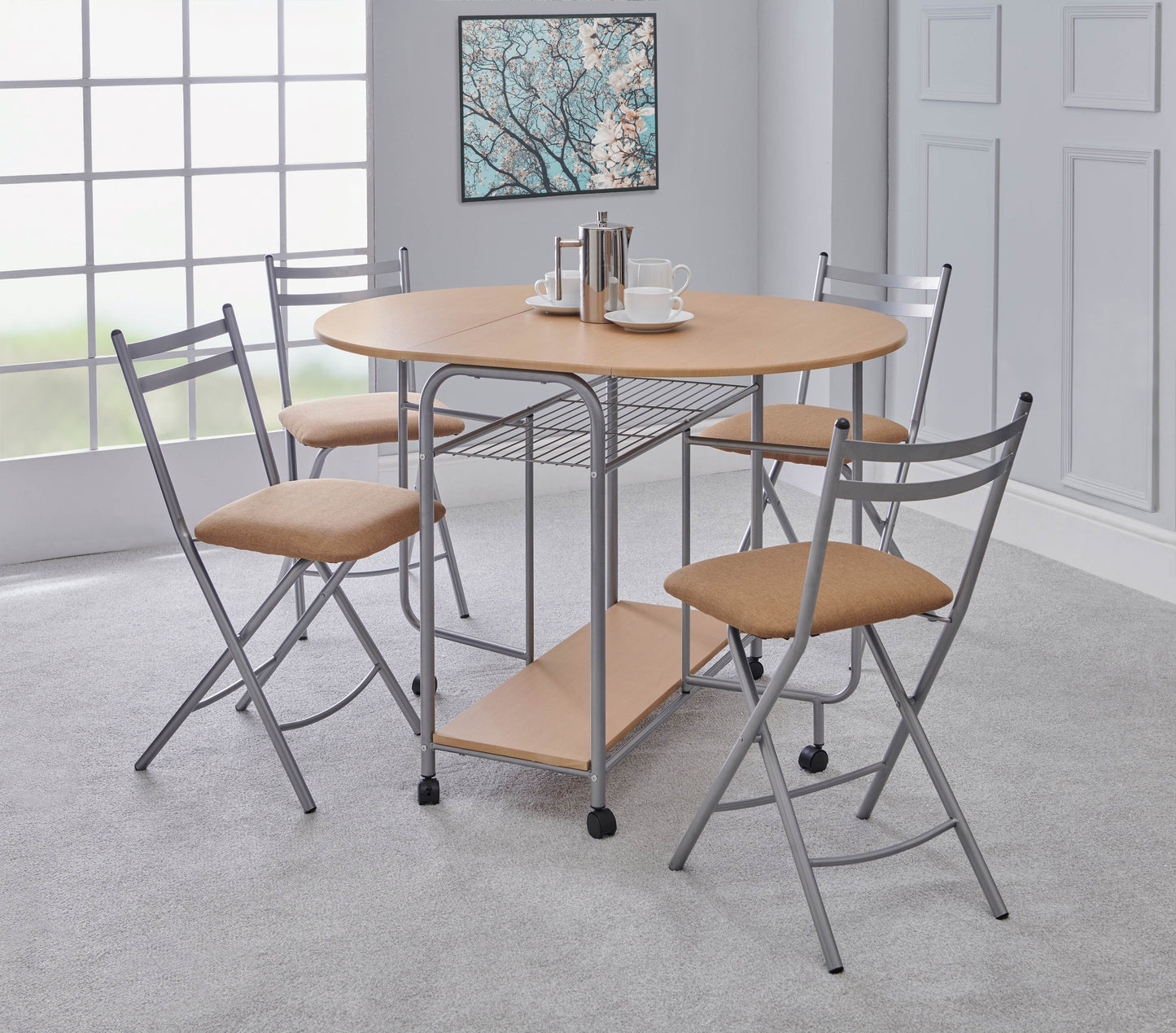 Stowaway Folding 4-Seater Dining Set with Drop-Leaf Table – Space-Saving Design