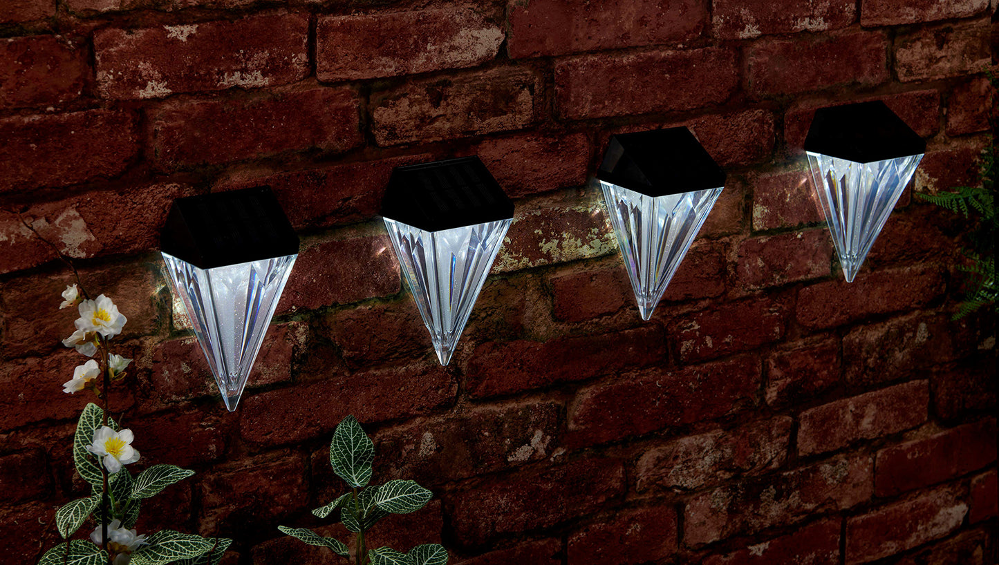 Pack of 4 Solar Diamond Wall Lights – White LED Garden Fence & Step Lights