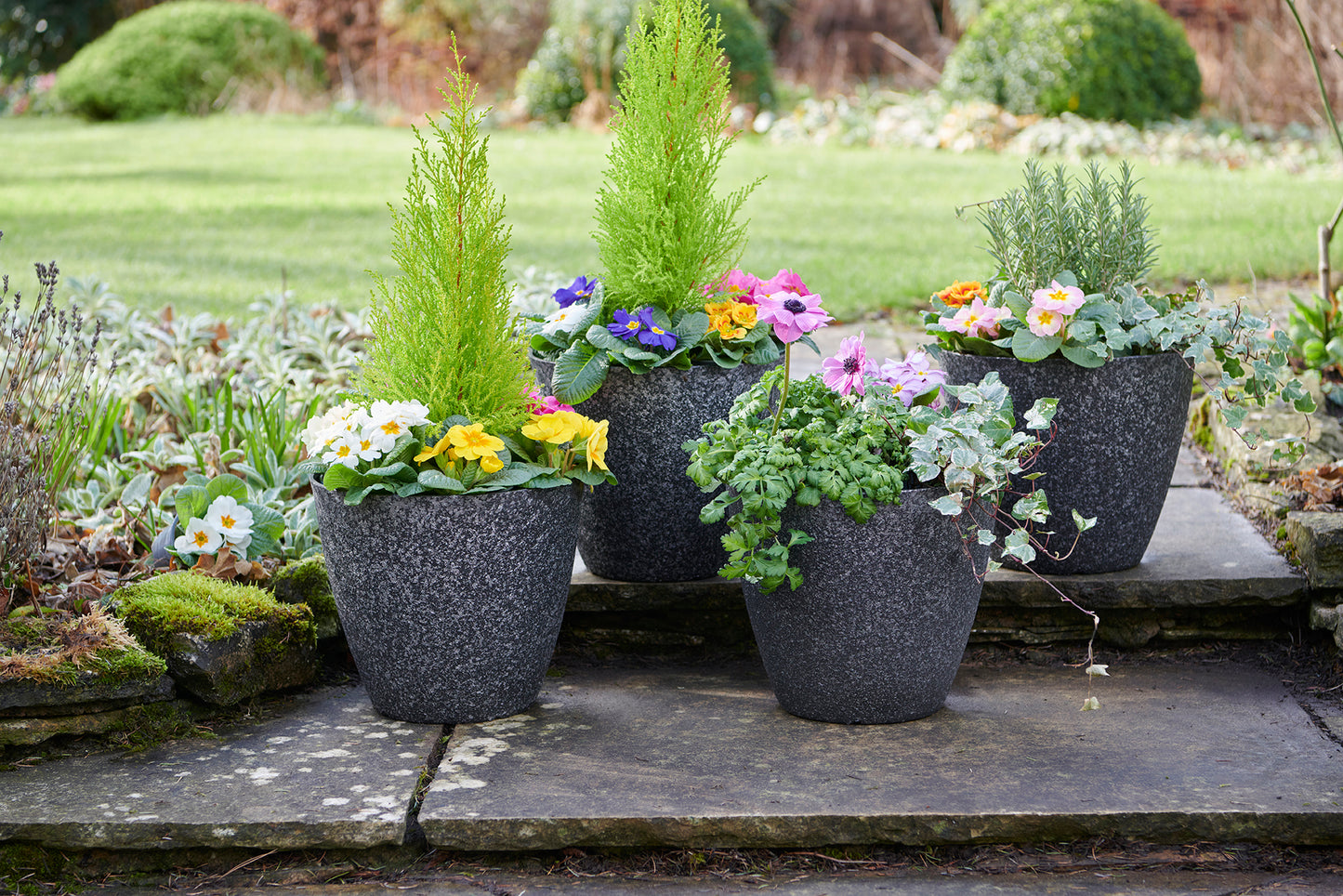 Pack of 4 Lightweight Black Granite Effect Garden Planters – Outdoor Pots