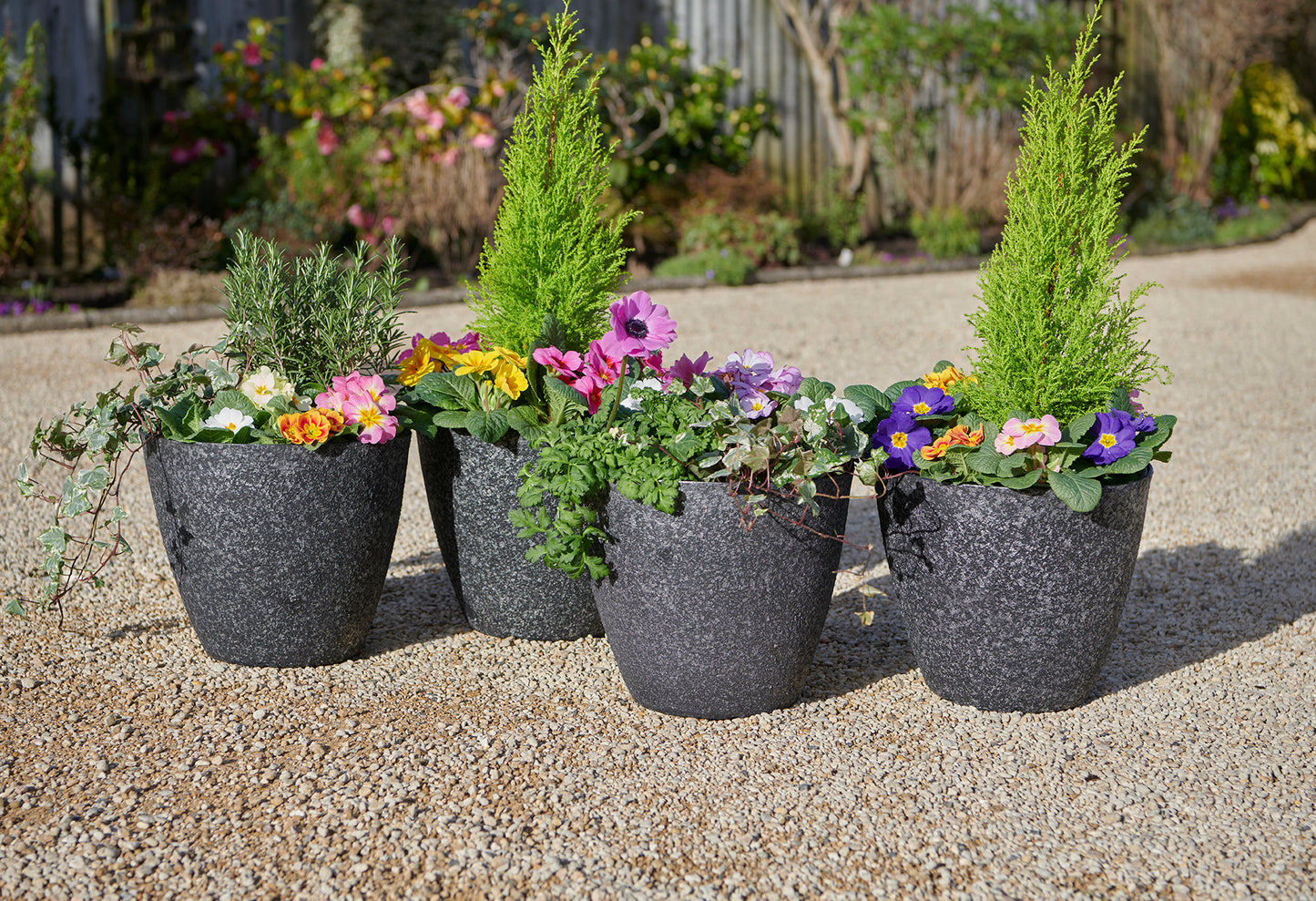 Pack of 4 Lightweight Black Granite Effect Garden Planters – Outdoor Pots
