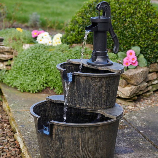 Rustic Solar Barrel Water Fountain with Cascading Pump Feature