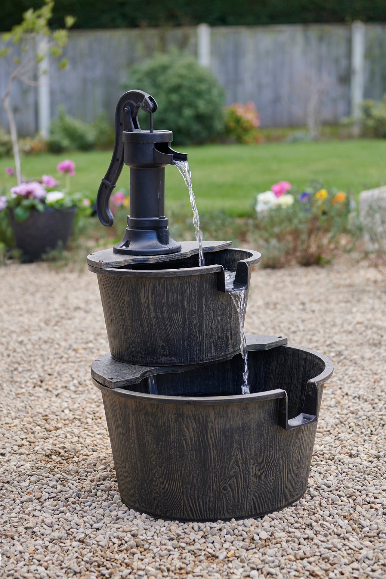 Rustic Solar Barrel Water Fountain with Cascading Pump Feature
