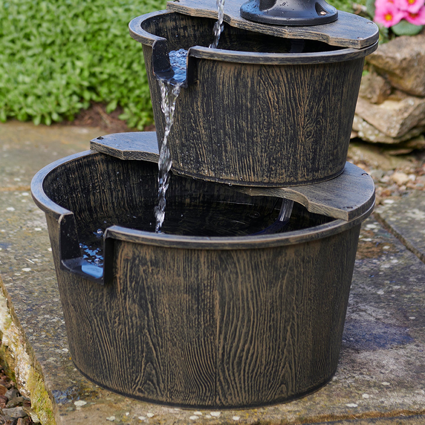 Rustic Solar Barrel Water Fountain with Cascading Pump Feature