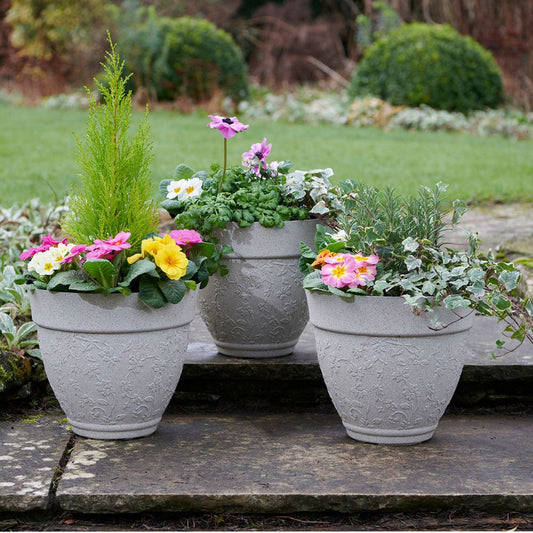 Pack of 3 Floral Sandstone Effect Planters – Weather-Resistant Outdoor Garden Pots