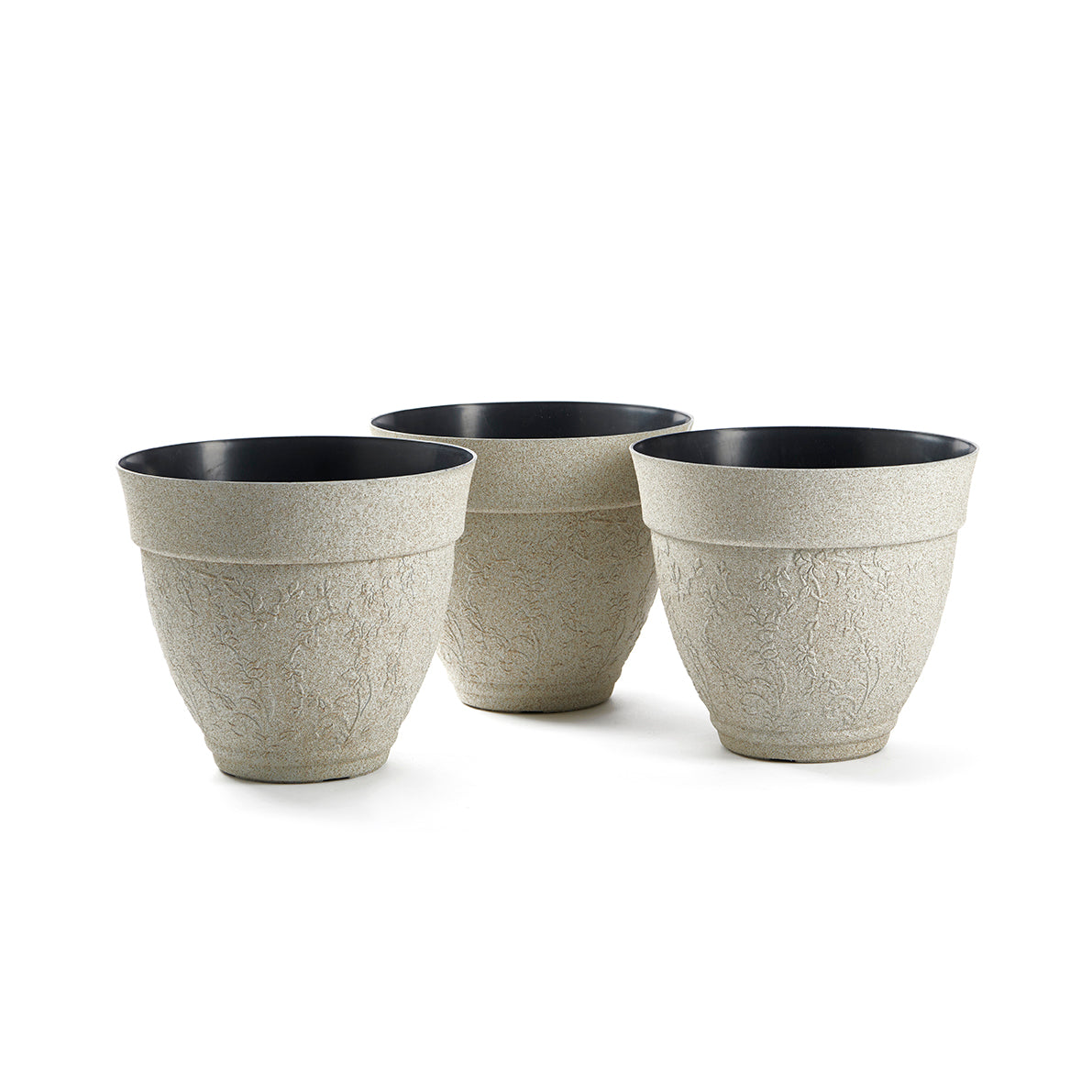 Pack of 3 Floral Sandstone Effect Planters – Weather-Resistant Outdoor Garden Pots