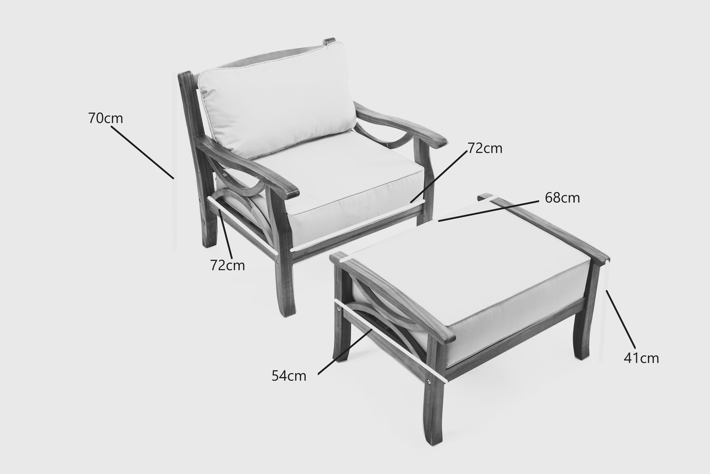 Sorrento Hardwood Armchair with Footstool – Rubberwood Outdoor Lounge Set with 15cm Cushions in Natural or Light Grey