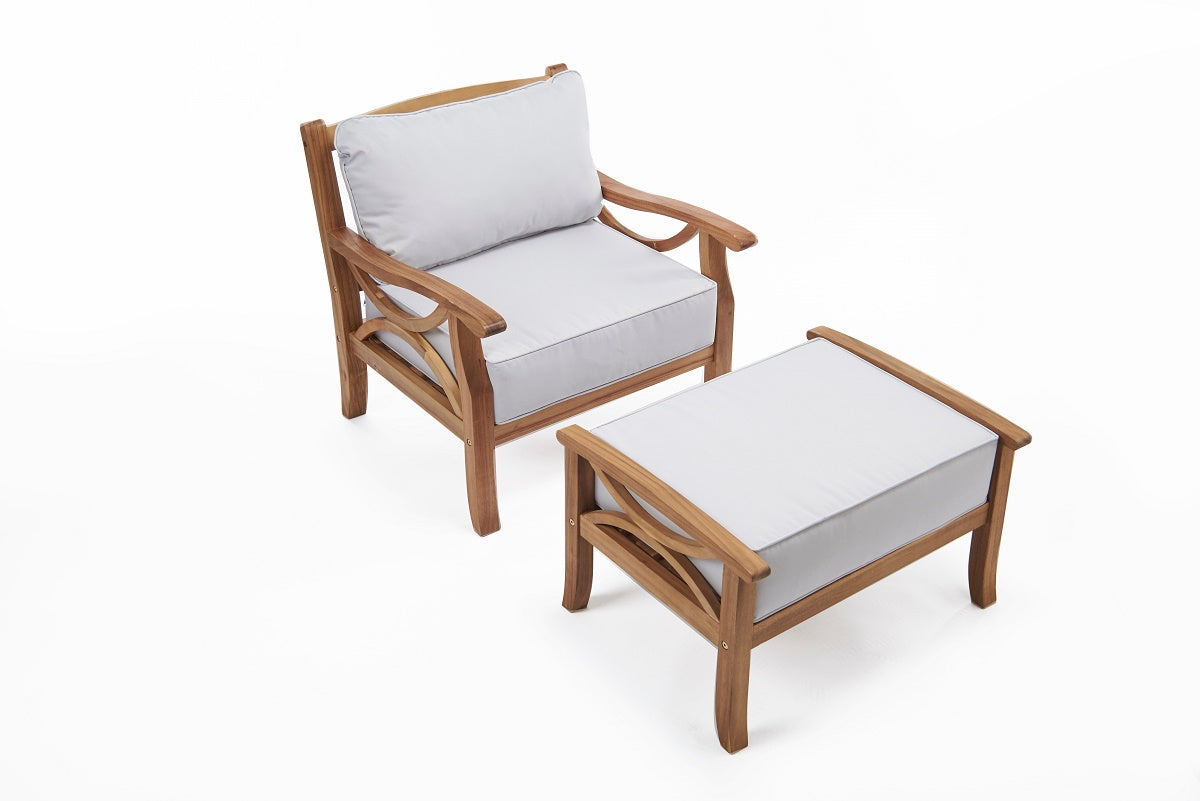 Sorrento Hardwood Armchair with Footstool – Rubberwood Outdoor Lounge Set with 15cm Cushions in Natural or Light Grey
