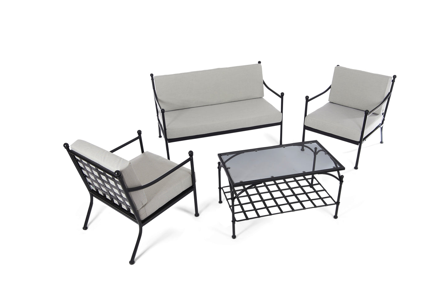 Doverdale Outdoor Steel Sofa Set with Cushions & Glass Coffee Table – Elegant Garden or Conservatory Seating