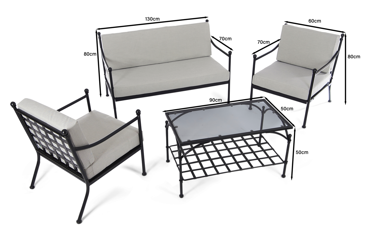 Doverdale Outdoor Steel Sofa Set with Cushions & Glass Coffee Table – Elegant Garden or Conservatory Seating