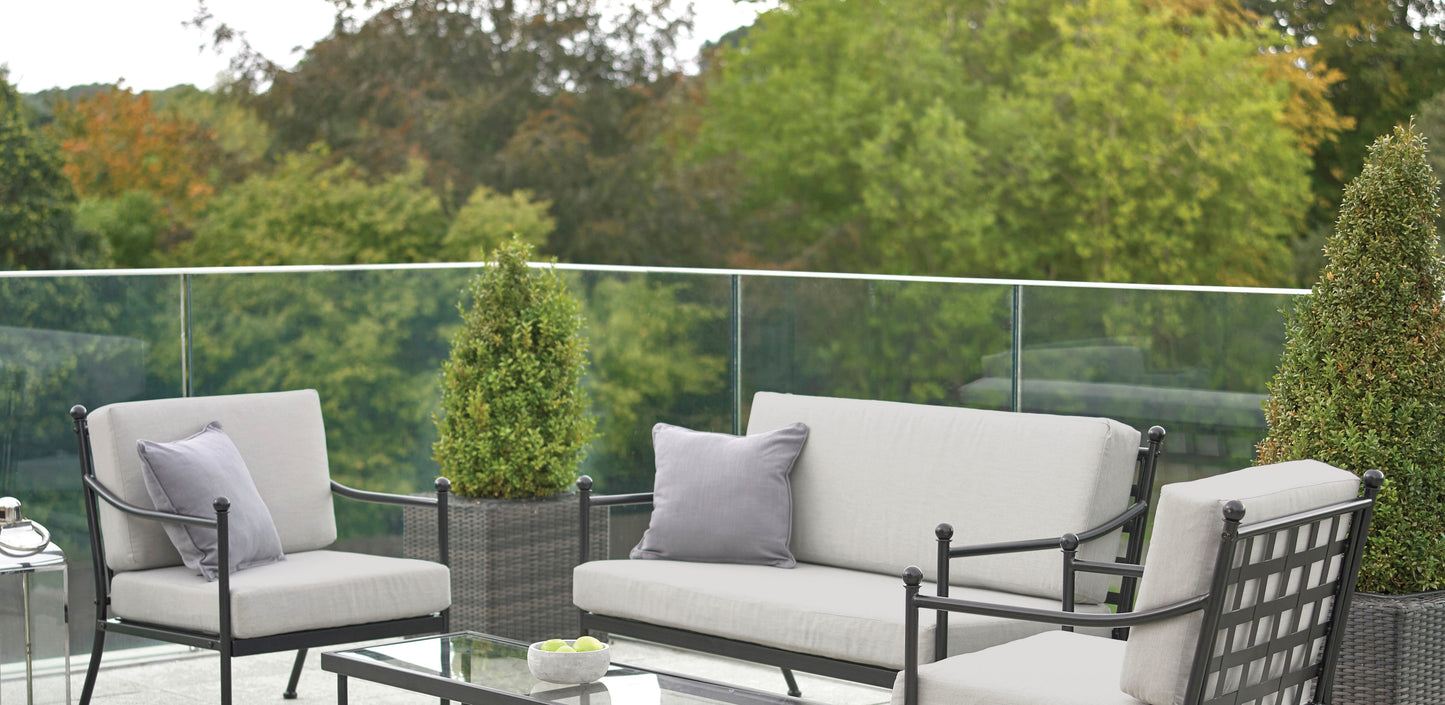 Doverdale Outdoor Steel Sofa Set with Cushions & Glass Coffee Table – Elegant Garden or Conservatory Seating