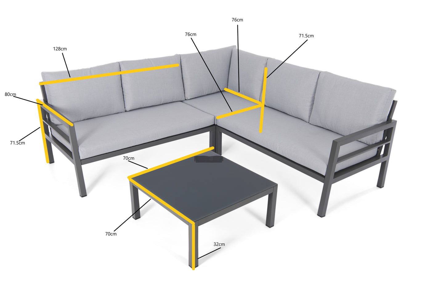 Oakley Grey Aluminium Outdoor Corner Sofa Set with Cushions & Glass-Top Coffee Table