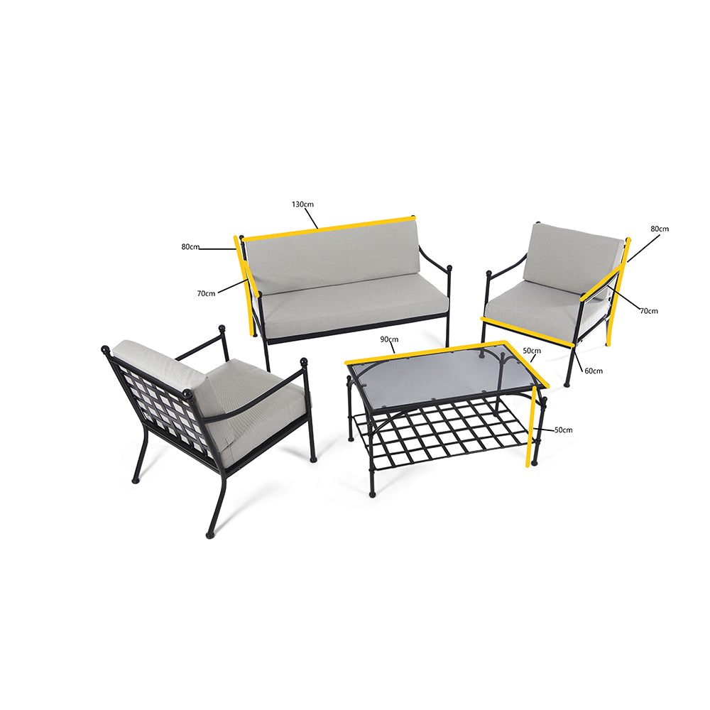 Doverdale Outdoor Steel Sofa Set with Cushions & Glass Coffee Table – Elegant Garden or Conservatory Seating