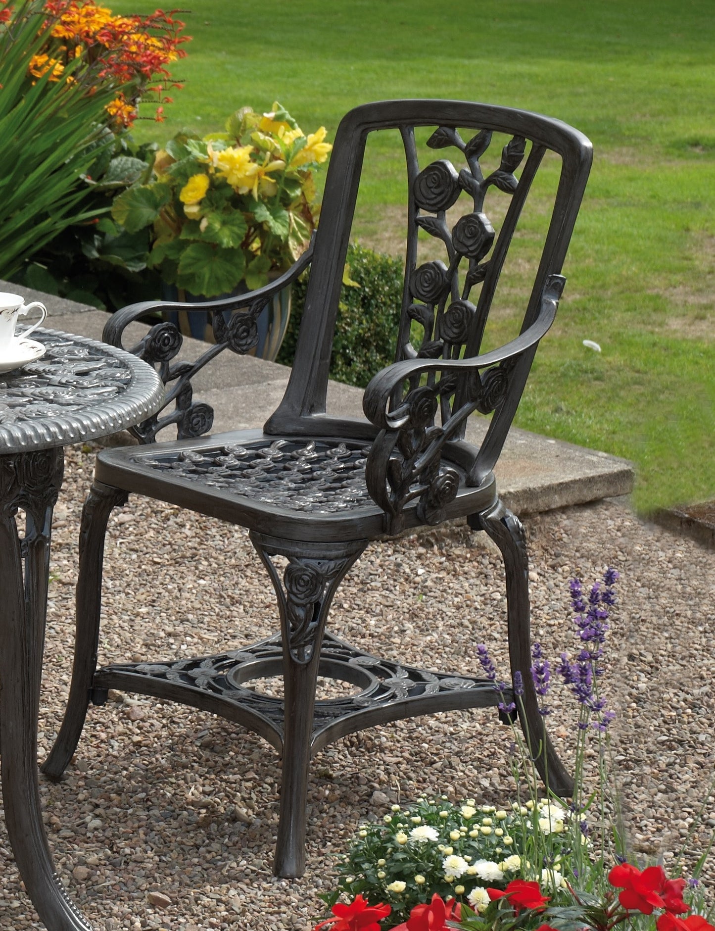 3-Piece Rose Bistro Patio Set with Armchairs – Lightweight UV-Stabilised Outdoor Furniture in Antique Bronze or Gunmetal Grey