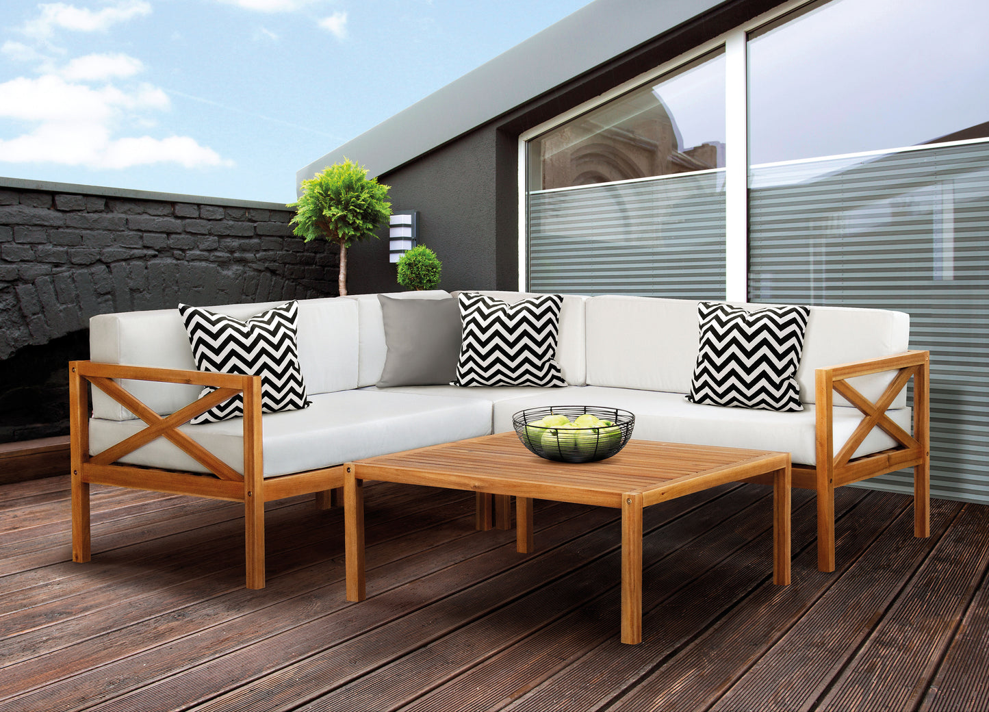 Kemberton Outdoor Wooden Corner Sofa Set with Cushions & Coffee Table – Sustainable Acacia Wood