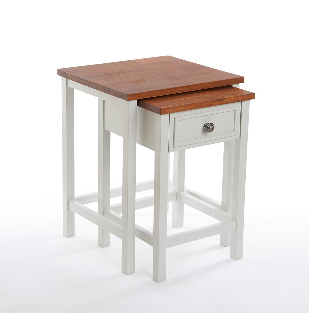 Set of 2 White and Oak-Effect Nesting Tables with Drawer – Space-Saving Design